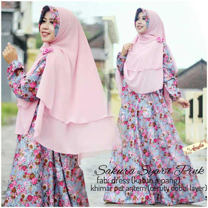 Gamis Motif Bunga Warna Pink Biru Anggun