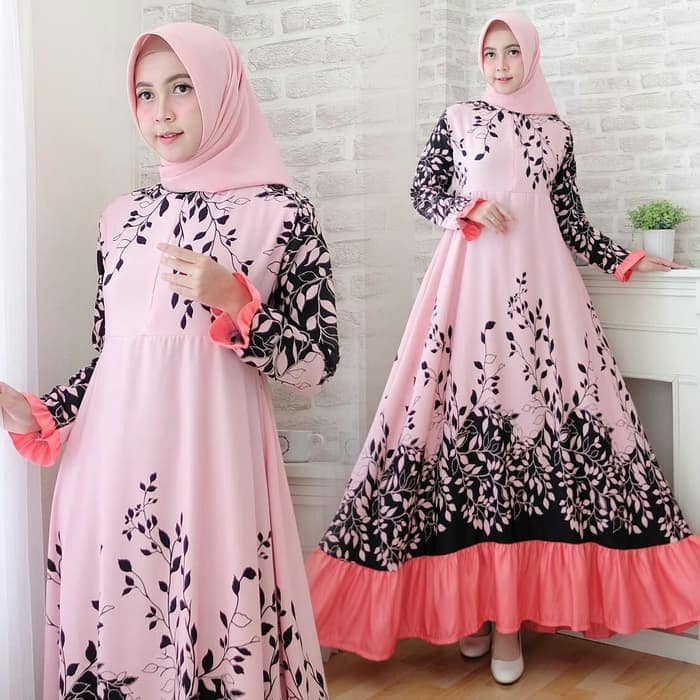 Gamis Motif Bunga Warna Pink Hitam Cantik
