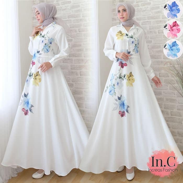 Gamis Motif Bunga Warna Putih Biru Cantik