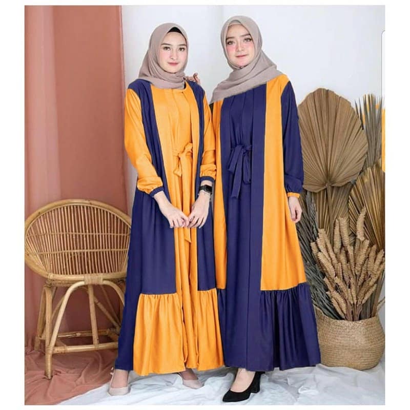 gamis muslimah perpaduan antara kuning dan navy